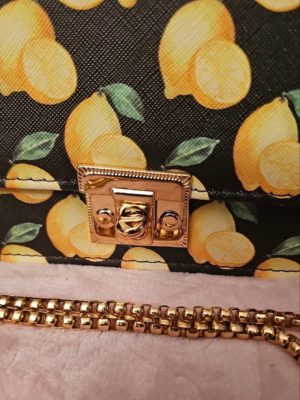 Black Lemon-Print Crossbody Bag with Gold Chain Strap -1 Free Bag Charm Included - Picture 2 of 7